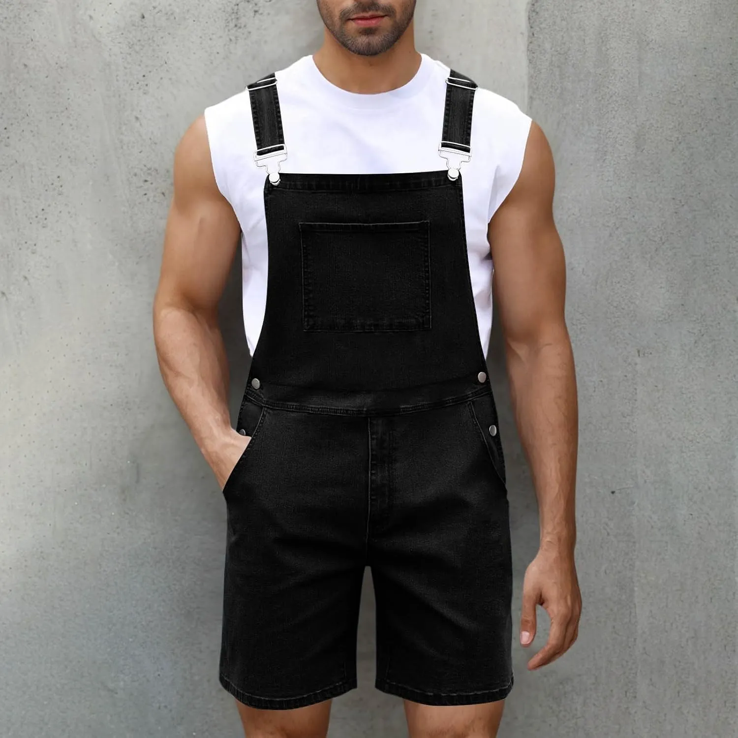 Mens Denim Overalls Slim Fit Casual Bib Pants Jumpsuit Summer Jeans Slim Fit Shorts Cargo Rompers with Pockets