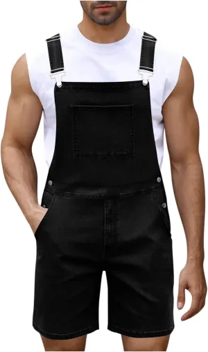 Mens Denim Overalls Slim Fit Casual Bib Pants Jumpsuit Summer Jeans Slim Fit Shorts Cargo Rompers with Pockets