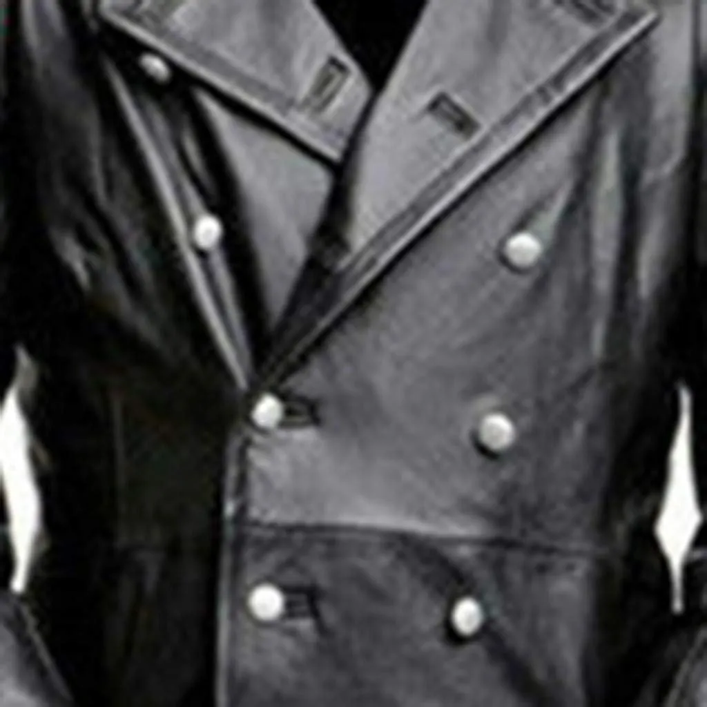 Mens Double Breasted Faux Leather Trench Coat Vintage Steampunk Overcoat German Windbreaker Long Winter Jackets