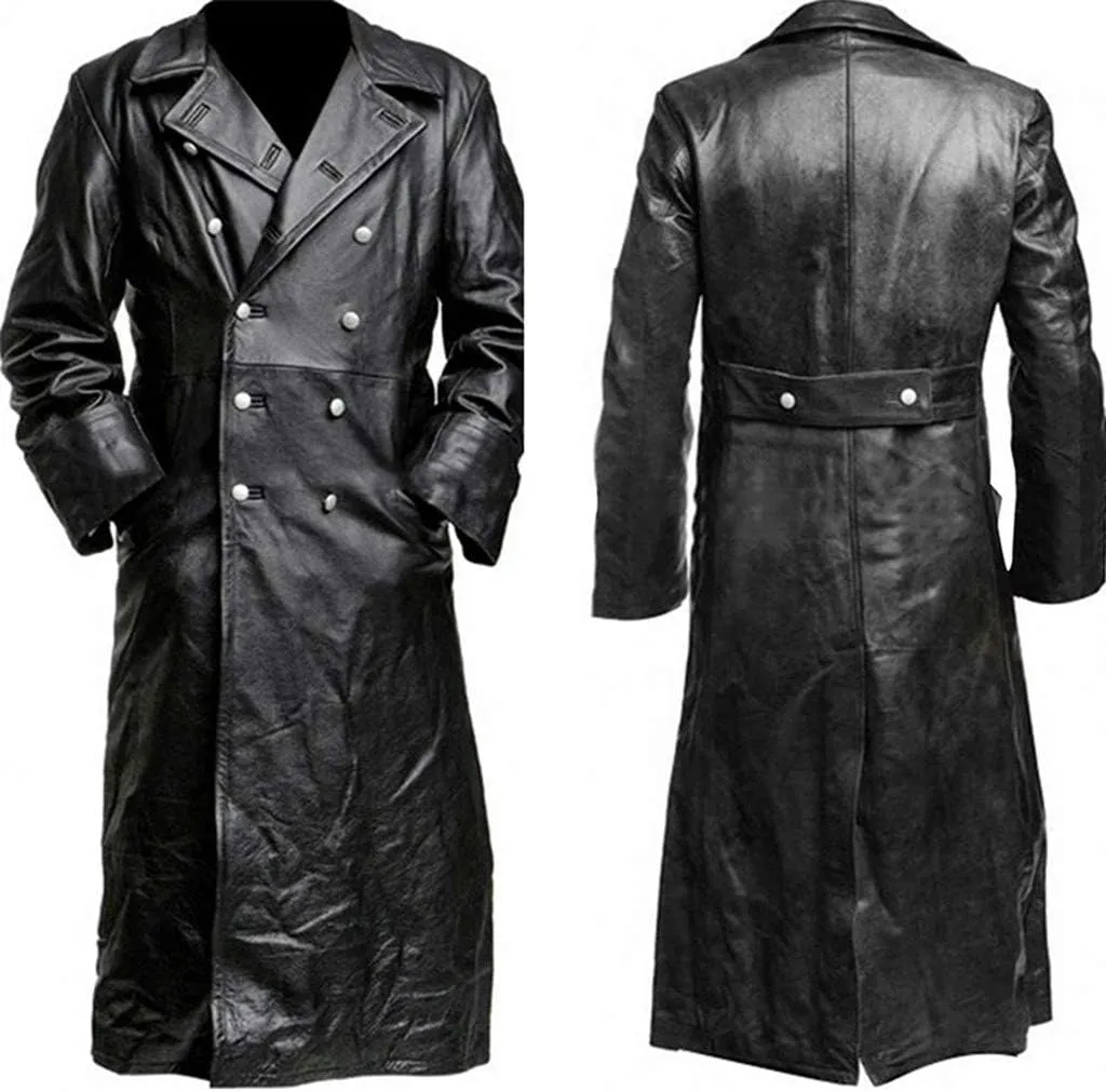 Mens Double Breasted Faux Leather Trench Coat Vintage Steampunk Overcoat German Windbreaker Long Winter Jackets