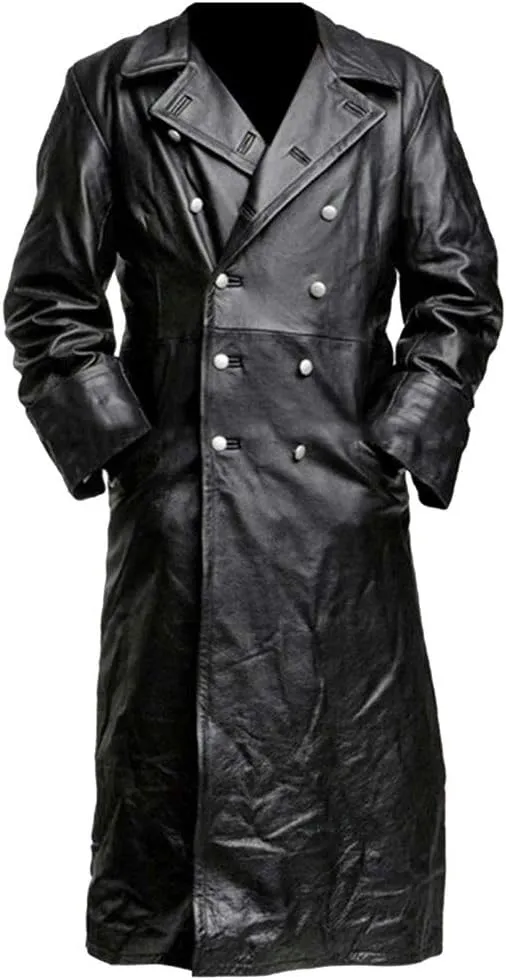 Mens Double Breasted Faux Leather Trench Coat Vintage Steampunk Overcoat German Windbreaker Long Winter Jackets