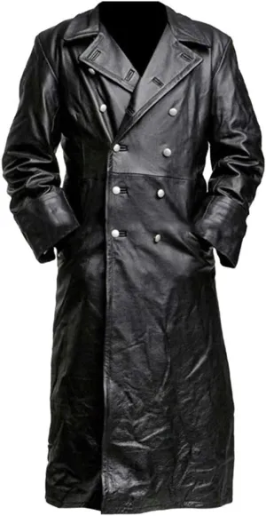 Mens Double Breasted Faux Leather Trench Coat Vintage Steampunk Overcoat German Windbreaker Long Winter Jackets