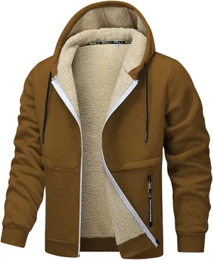 Mens Fleece Fur Lined Thick Cardigan Hoodie Warm Casual Outerwear Full Zip Up Long Sleeve Elastic Cuffs with Zipper Pockets