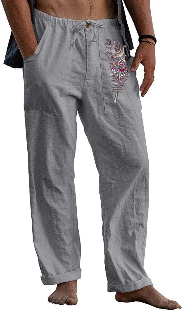 Mens Fleece Pants Sweat Pants for Man Casual Loose and Comfortable Casual Pants Cotton Linen Printed Drawstring Trousers