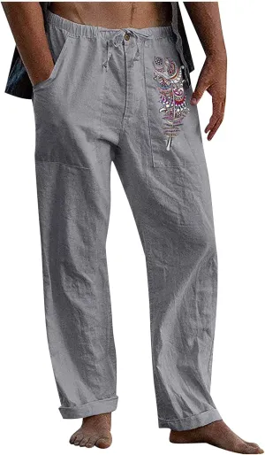 Mens Fleece Pants Sweat Pants for Man Casual Loose and Comfortable Casual Pants Cotton Linen Printed Drawstring Trousers