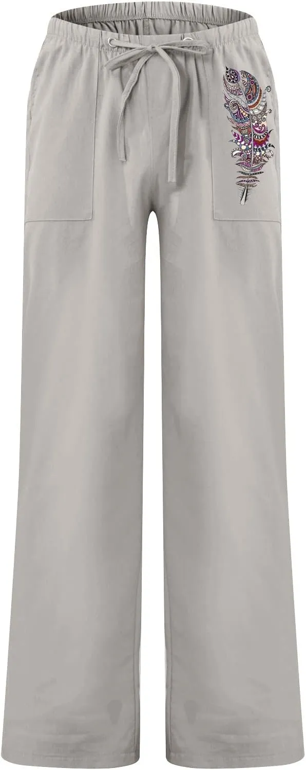 Mens Fleece Pants Sweat Pants for Man Casual Loose and Comfortable Casual Pants Cotton Linen Printed Drawstring Trousers