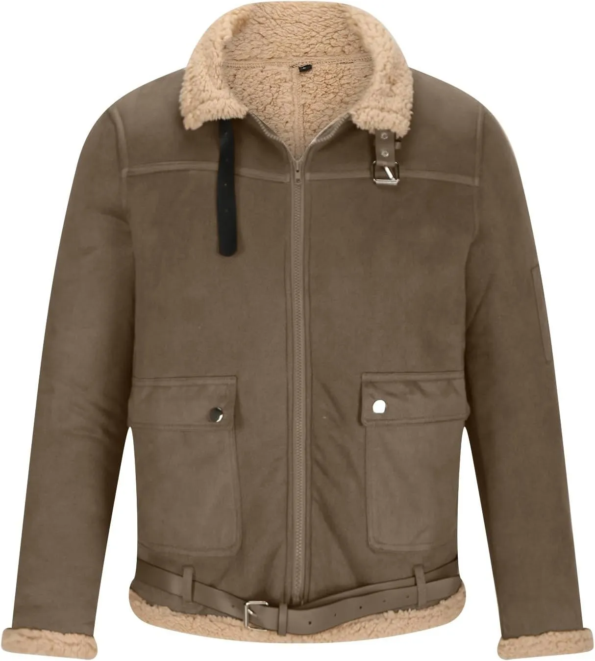Men's Fleece Sherpa Bomber Coat Faux Leather Sherpa Fleece Lined Jackets Stand Collar Heavyweight Suede Faux Fur Trench-Coats