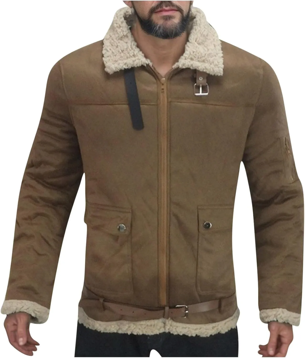 Men's Fleece Sherpa Bomber Coat Faux Leather Sherpa Fleece Lined Jackets Stand Collar Heavyweight Suede Faux Fur Trench-Coats