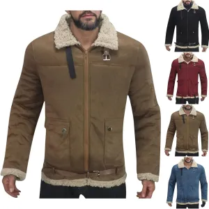 Men's Fleece Sherpa Bomber Coat Faux Leather Sherpa Fleece Lined Jackets Stand Collar Heavyweight Suede Faux Fur Trench-Coats