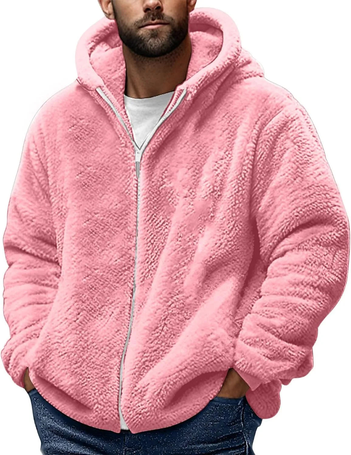 Mens Fuzzy Sherpa Hoodie Sweatshirts Soft Long Sleeve Zip up Sweatshirt Fall Outwear Winter Hooded Jacket with Pocket