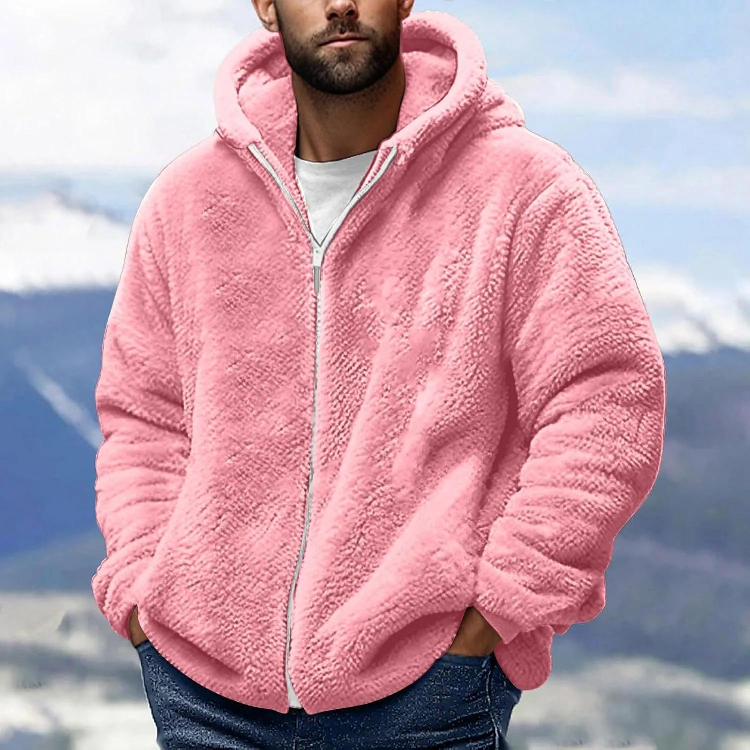 Mens Fuzzy Sherpa Hoodie Sweatshirts Soft Long Sleeve Zip up Sweatshirt Fall Outwear Winter Hooded Jacket with Pocket