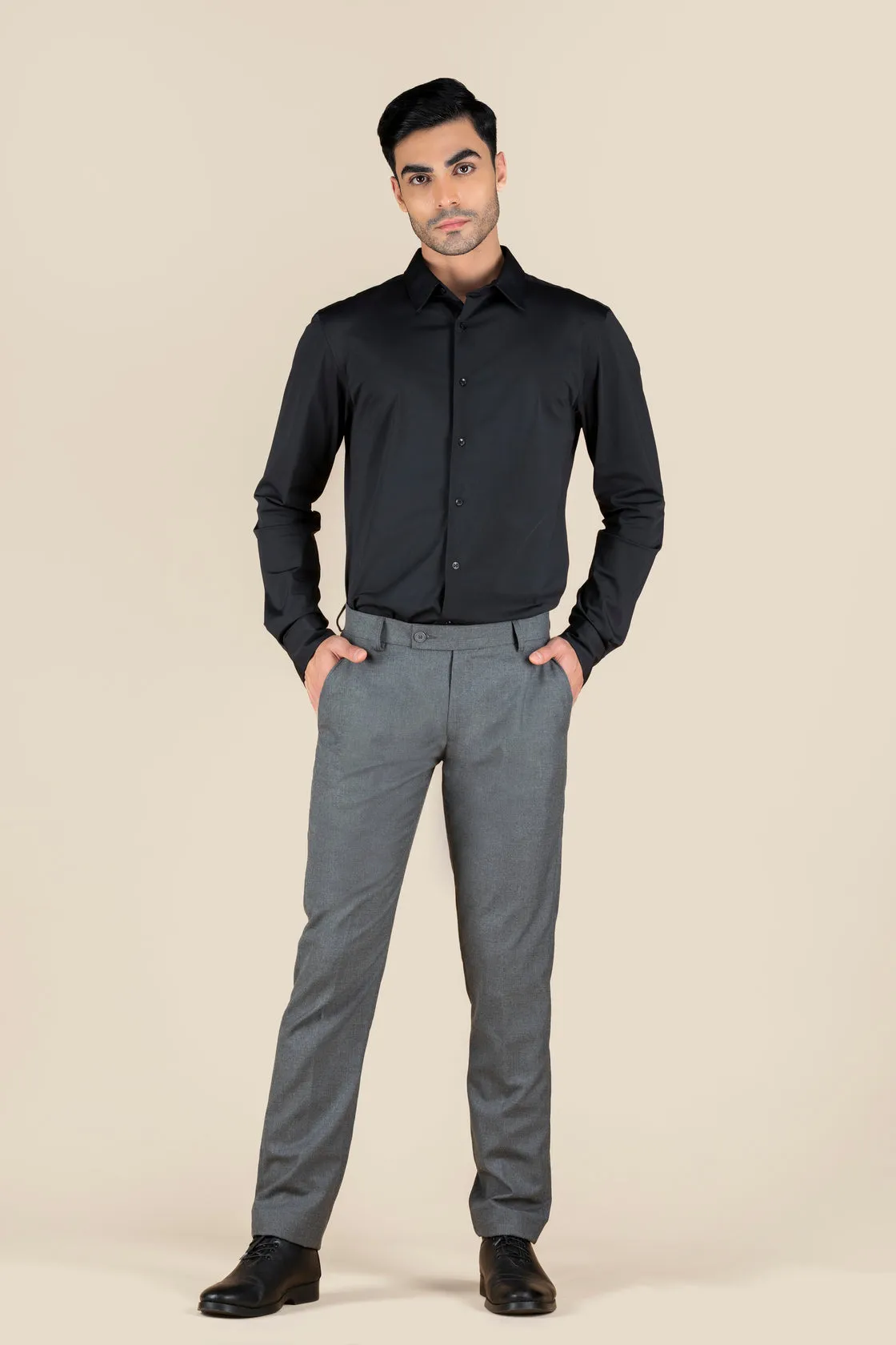 Men's Grey Slim Fit Non Stretch Formal Trouser With Flat Front