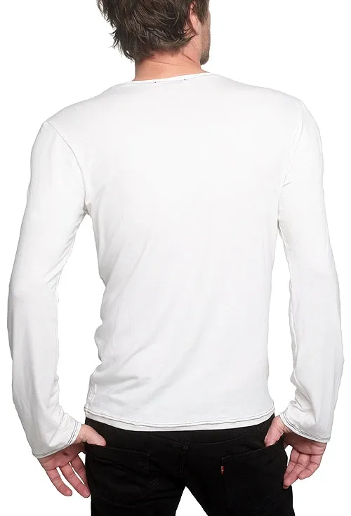 Men's GUNS Clothing - "V-NECK Long Sleeve" with Italian Leather Trim in White