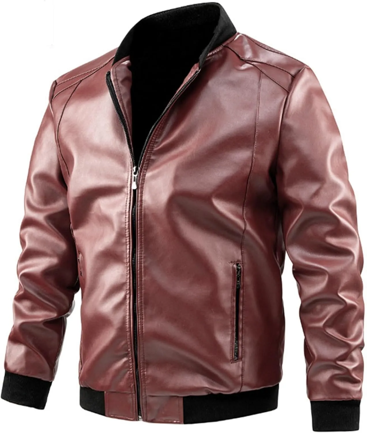 Mens Jacket and Autumn Loose Solid Color Zip PU Leather Jacket Short Lapel Motorcycle Leather Jacket Coat Faux