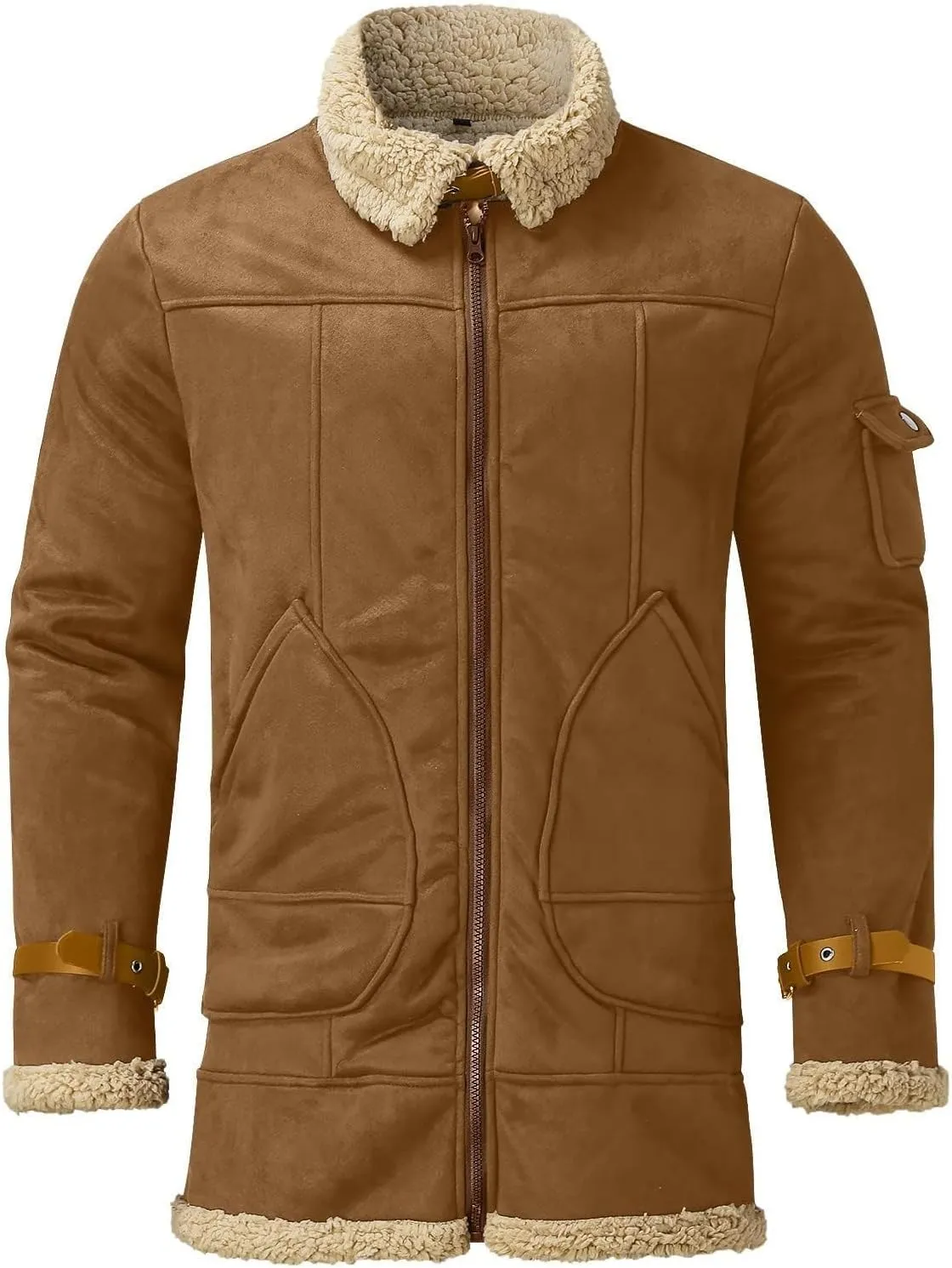 Men's Lamb Wool Bomber Coat Faux Leather Sherpa Fleece Lined Jackets Heavyweight Vintage Suede Faux Fur Trench-Coat
