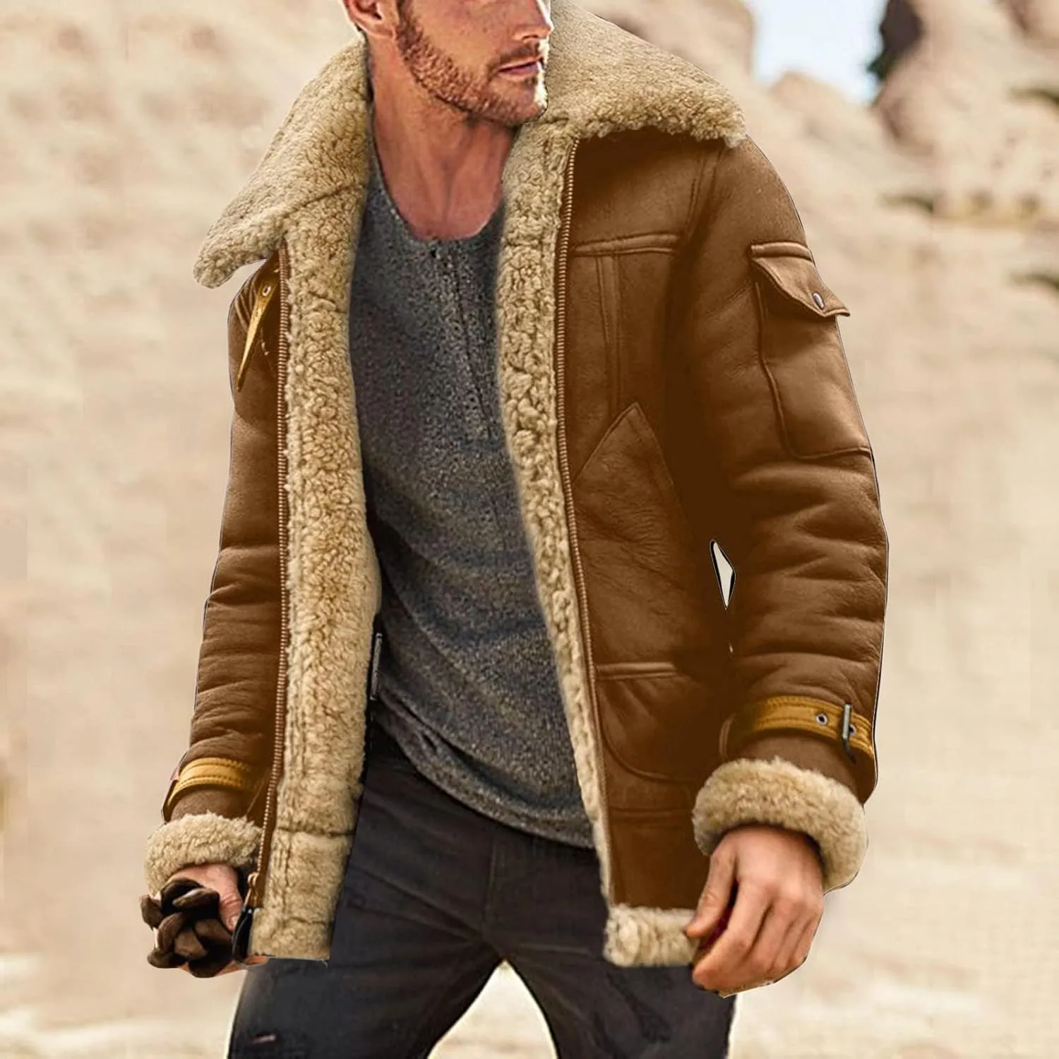 Men's Lamb Wool Bomber Coat Faux Leather Sherpa Fleece Lined Jackets Heavyweight Vintage Suede Faux Fur Trench-Coat