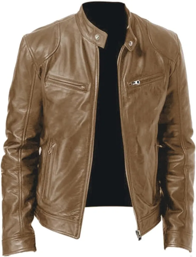Mens Leather Jacket Slim Fit Casual Full Zip Stand Collar Fall Jacket Faux Leather Motocycle Coats Oversized Outwear