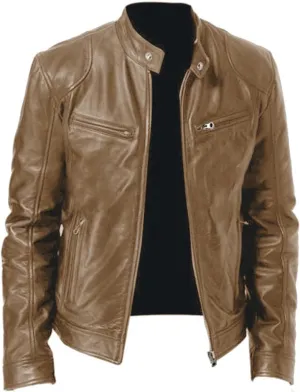 Mens Leather Jacket Slim Fit Casual Full Zip Stand Collar Fall Jacket Faux Leather Motocycle Coats Oversized Outwear