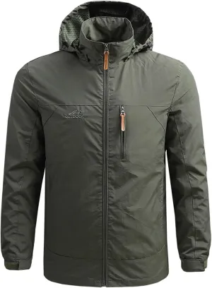 Mens Lightweight Windbreaker Waterproof Rain Jacket Full Zip Up Outdoor Light Coat with Detachable Hood