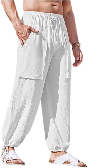 Mens Linen Beach Pants Harem Yoga Pants Big and Tall Casual Summer Pants Elastic Waist Drawstring Baggy Trouser for Men