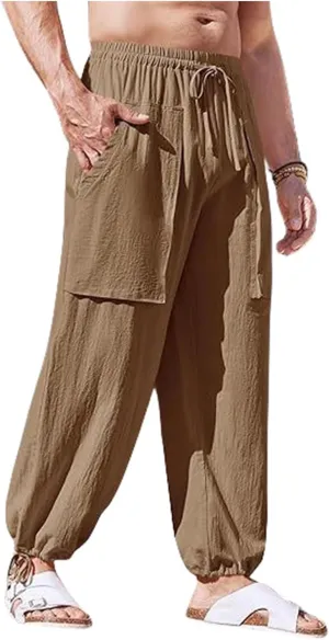 Mens Linen Beach Pants Harem Yoga Pants Big and Tall Casual Summer Pants Elastic Waist Drawstring Baggy Trouser for Men