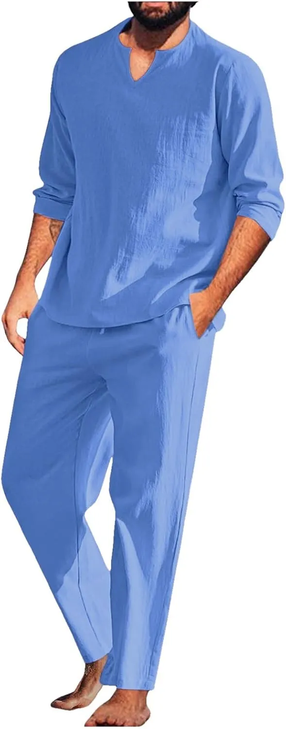 Men's Linen Blend Activewear Set 2 Pieces Long Sleeve Casual Beach Pants Summer Yoga Workout Outfit for Gym,Travel, Summer