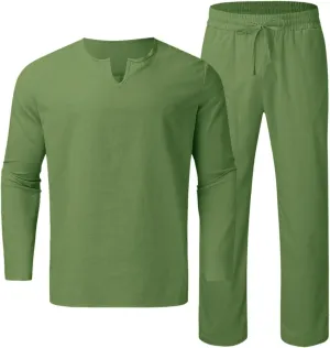 Men's Linen Blend Activewear Set 2 Pieces Long Sleeve Casual Beach Pants Summer Yoga Workout Outfit for Gym,Travel, Summer