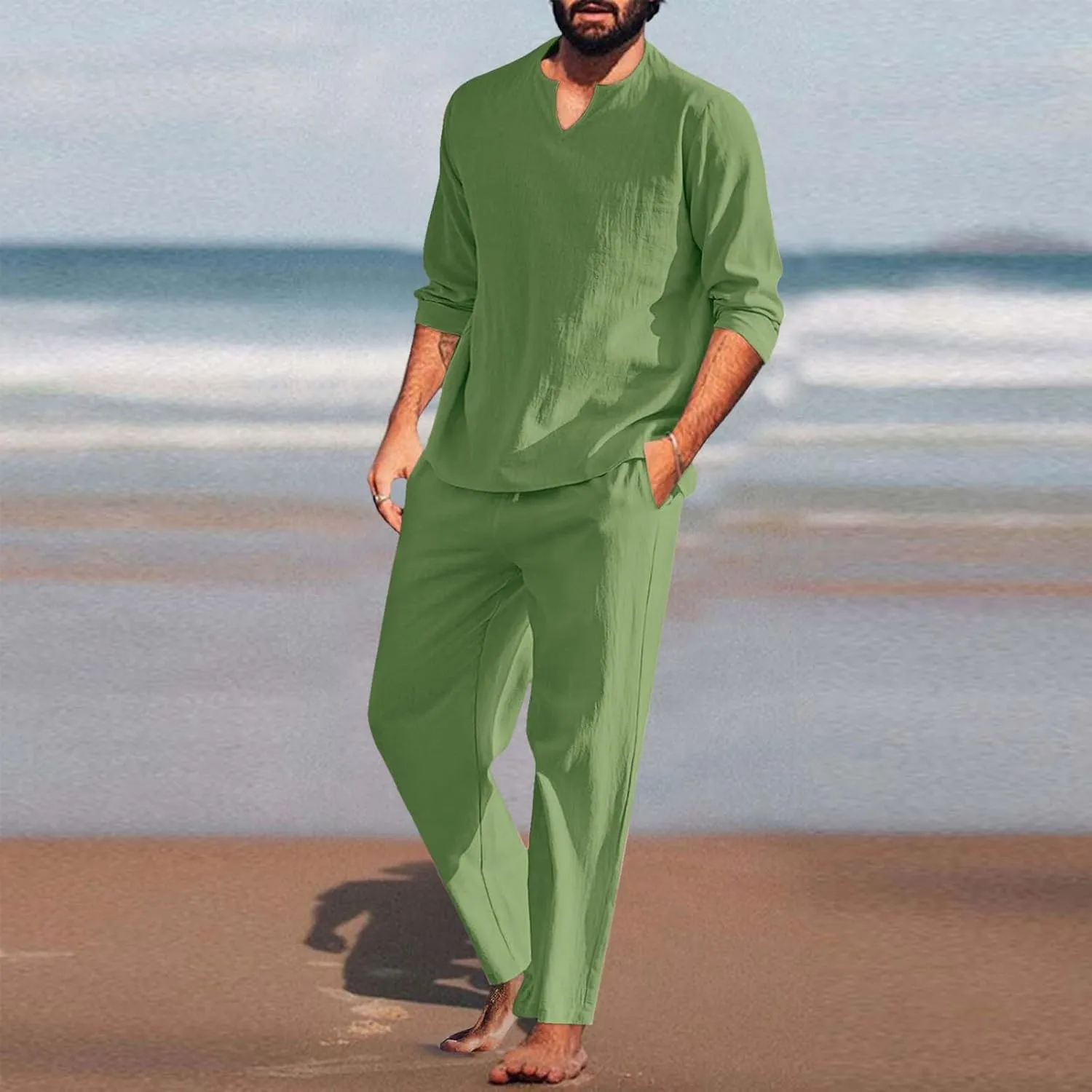 Men's Linen Blend Activewear Set 2 Pieces Long Sleeve Casual Beach Pants Summer Yoga Workout Outfit for Gym,Travel, Summer