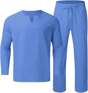 Men's Linen Blend Activewear Set 2 Pieces Long Sleeve Casual Beach Pants Summer Yoga Workout Outfit for Gym,Travel, Summer