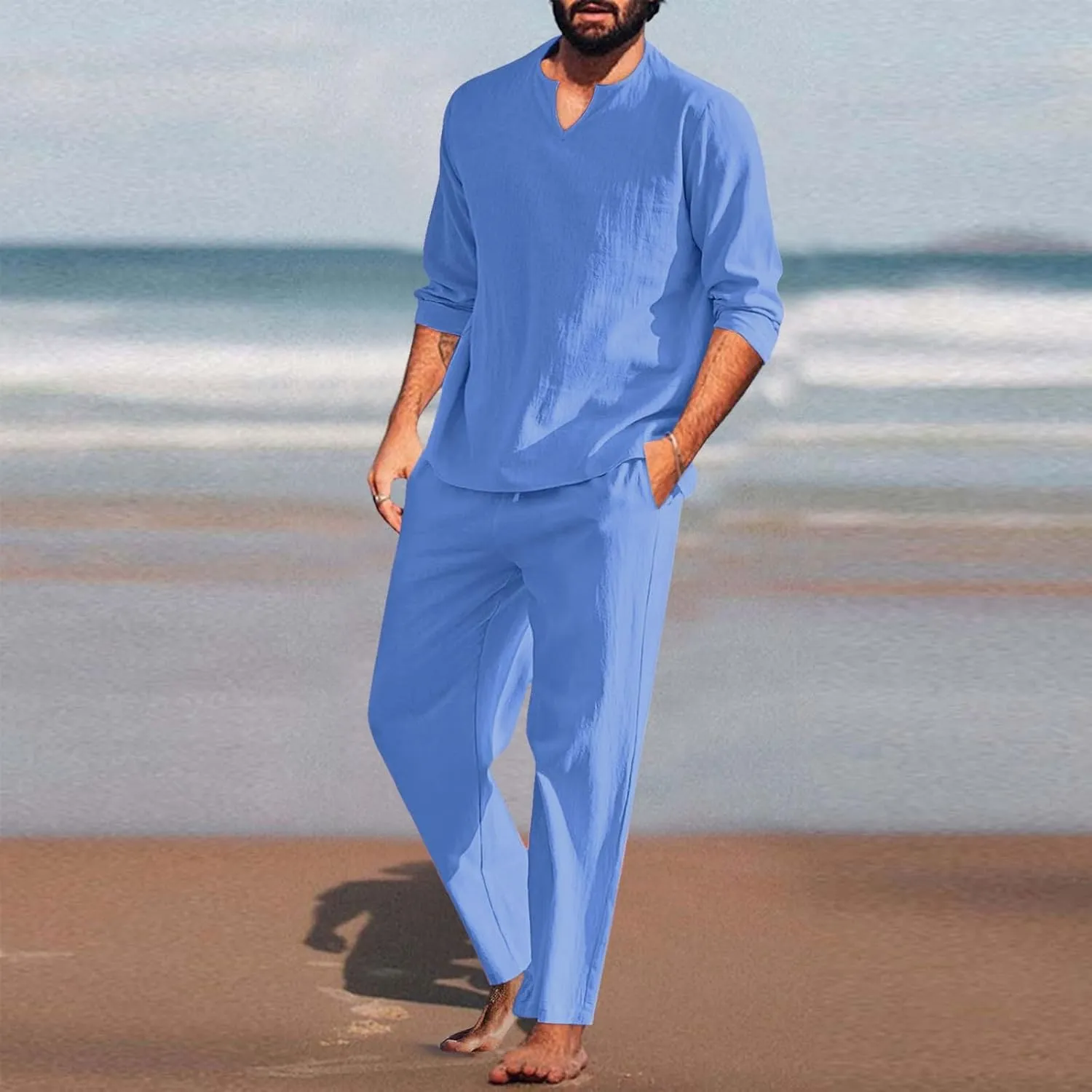 Men's Linen Blend Activewear Set 2 Pieces Long Sleeve Casual Beach Pants Summer Yoga Workout Outfit for Gym,Travel, Summer