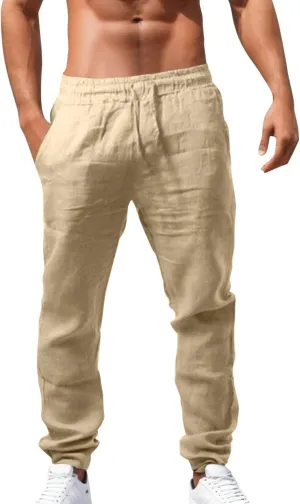 Mens Linen Drawstring Pants Elastic Waist Lightweight Trouser Casual Straight-Leg Yoga Summer Beach Pants
