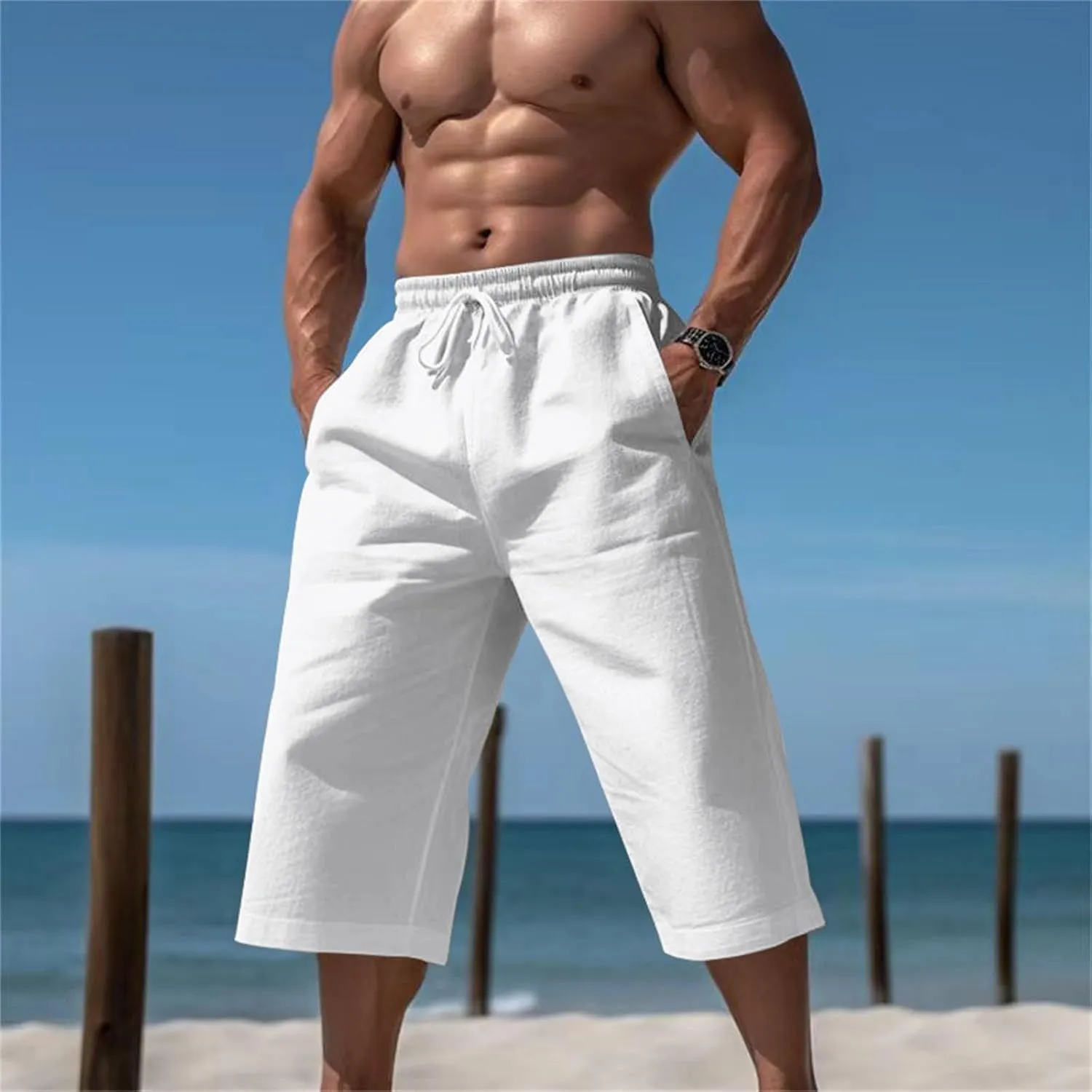 Mens Linen Yoga Beach Long Shorts 3/4 Below Knee Length Running Lounge Capri Pants Drawstring Harem Sports Shorts