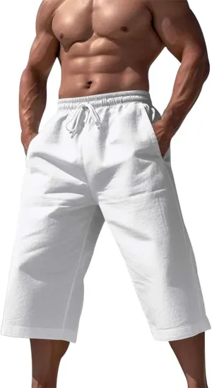 Mens Linen Yoga Beach Long Shorts 3/4 Below Knee Length Running Lounge Capri Pants Drawstring Harem Sports Shorts