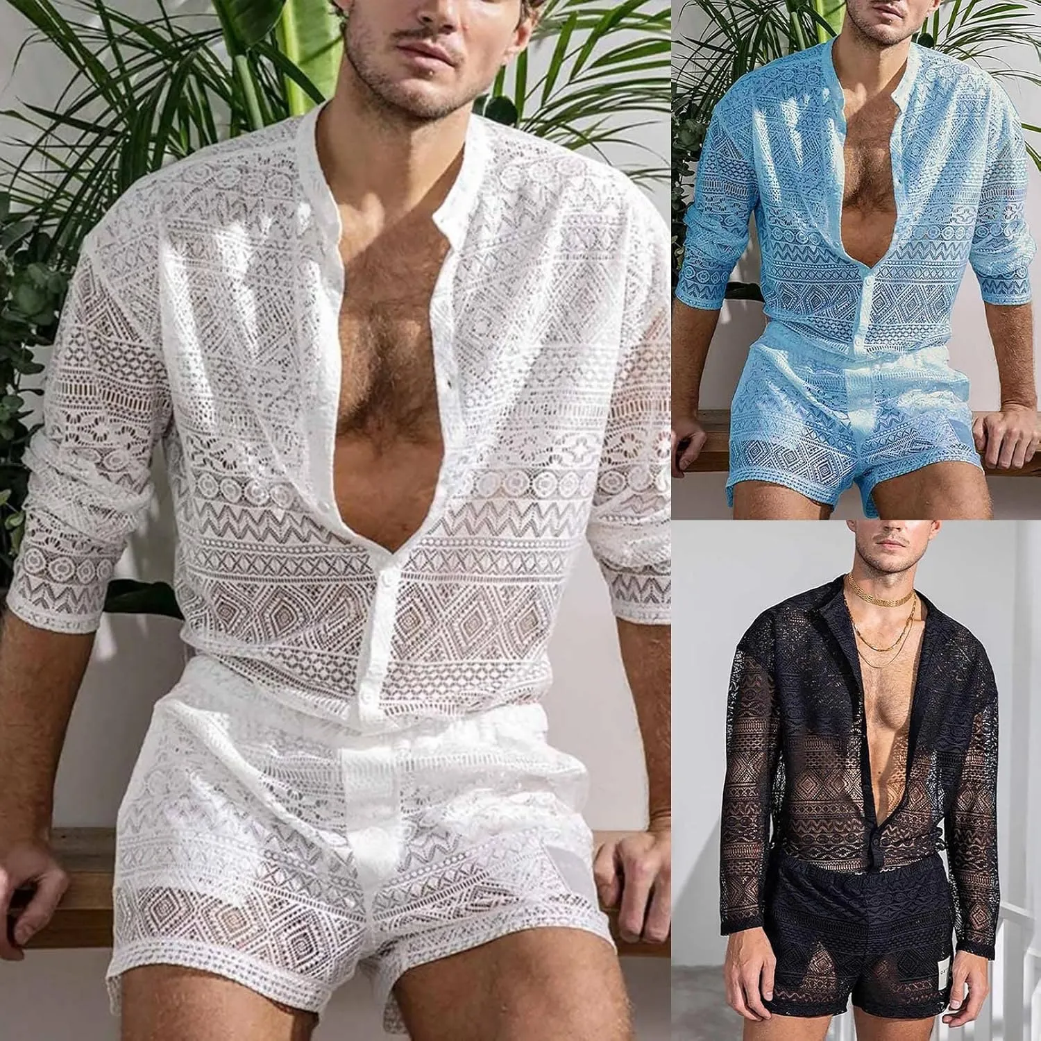 Men's Mesh 2 Piece Outfits Short Sleeve Button Down Shirts Drawstring Elastic Shorts Sets Summer Soft Sport Suit