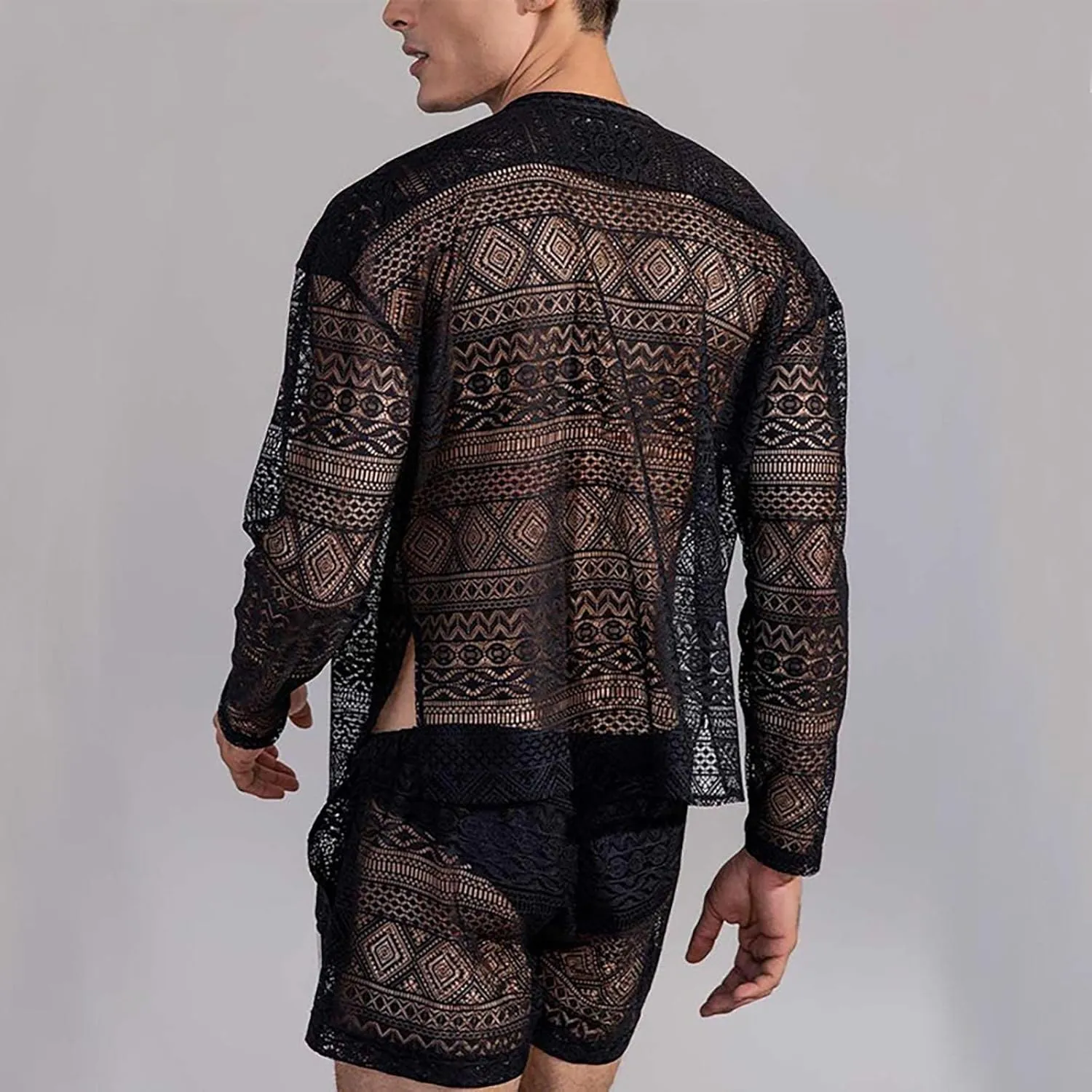 Men's Mesh 2 Piece Outfits Short Sleeve Button Down Shirts Drawstring Elastic Shorts Sets Summer Soft Sport Suit