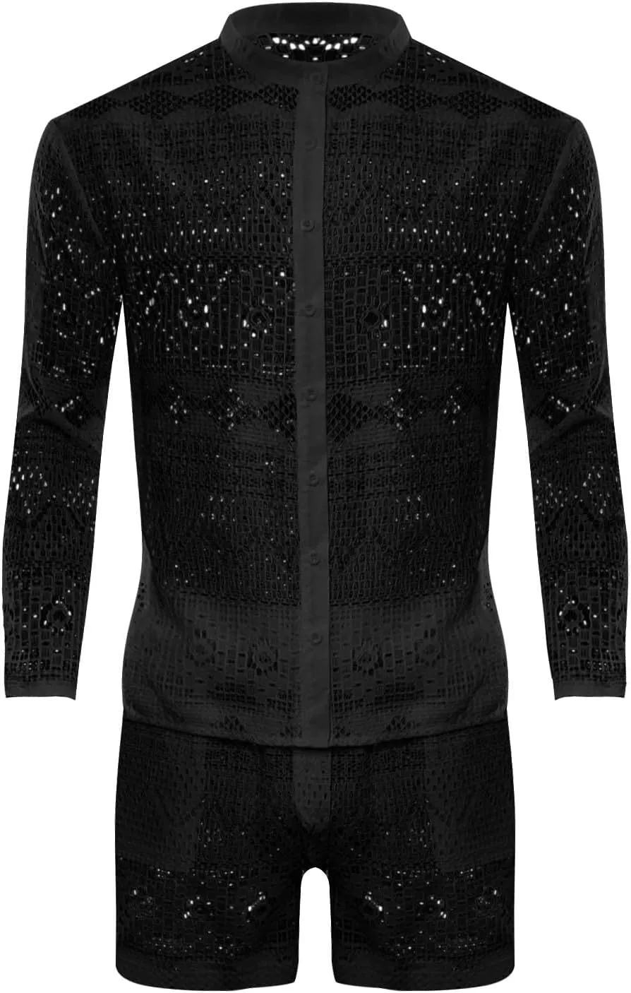 Men's Mesh 2 Piece Outfits Short Sleeve Button Down Shirts Drawstring Elastic Shorts Sets Summer Soft Sport Suit