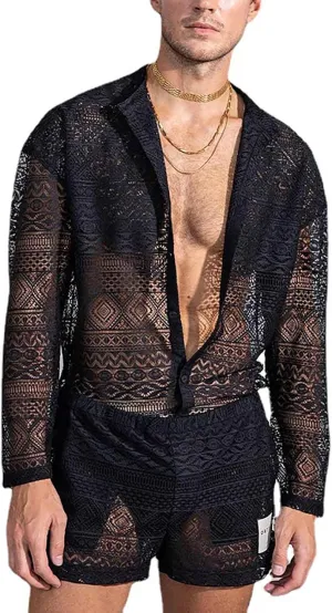 Men's Mesh 2 Piece Outfits Short Sleeve Button Down Shirts Drawstring Elastic Shorts Sets Summer Soft Sport Suit
