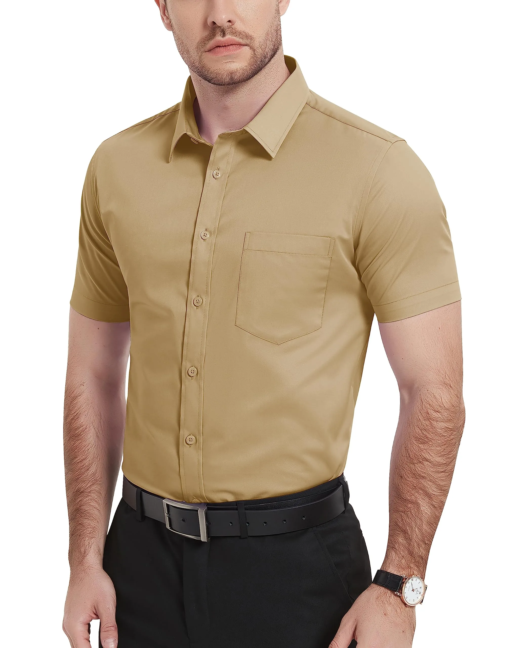 Mens Modern Stretch Breathable Short Sleeve Dress Shirts Mens Slim Fit Casual Business Button Down Formal Shirt
