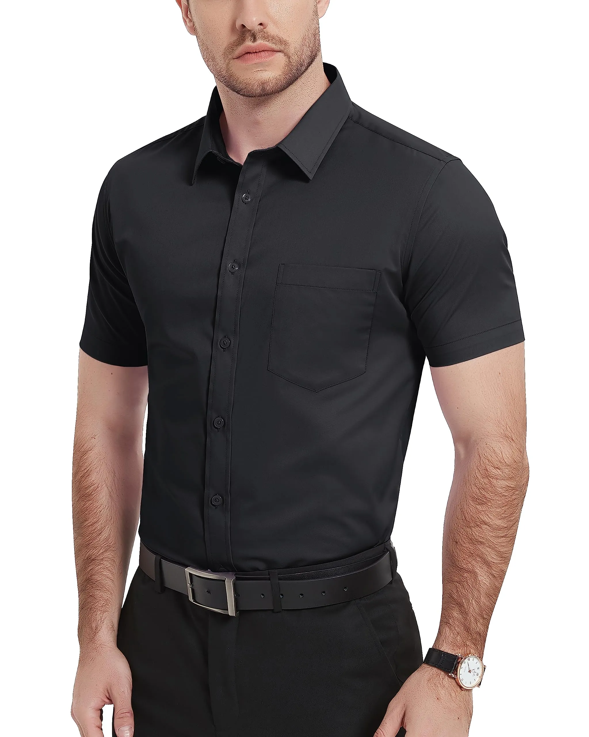 Mens Modern Stretch Breathable Short Sleeve Dress Shirts Mens Slim Fit Casual Business Button Down Formal Shirt