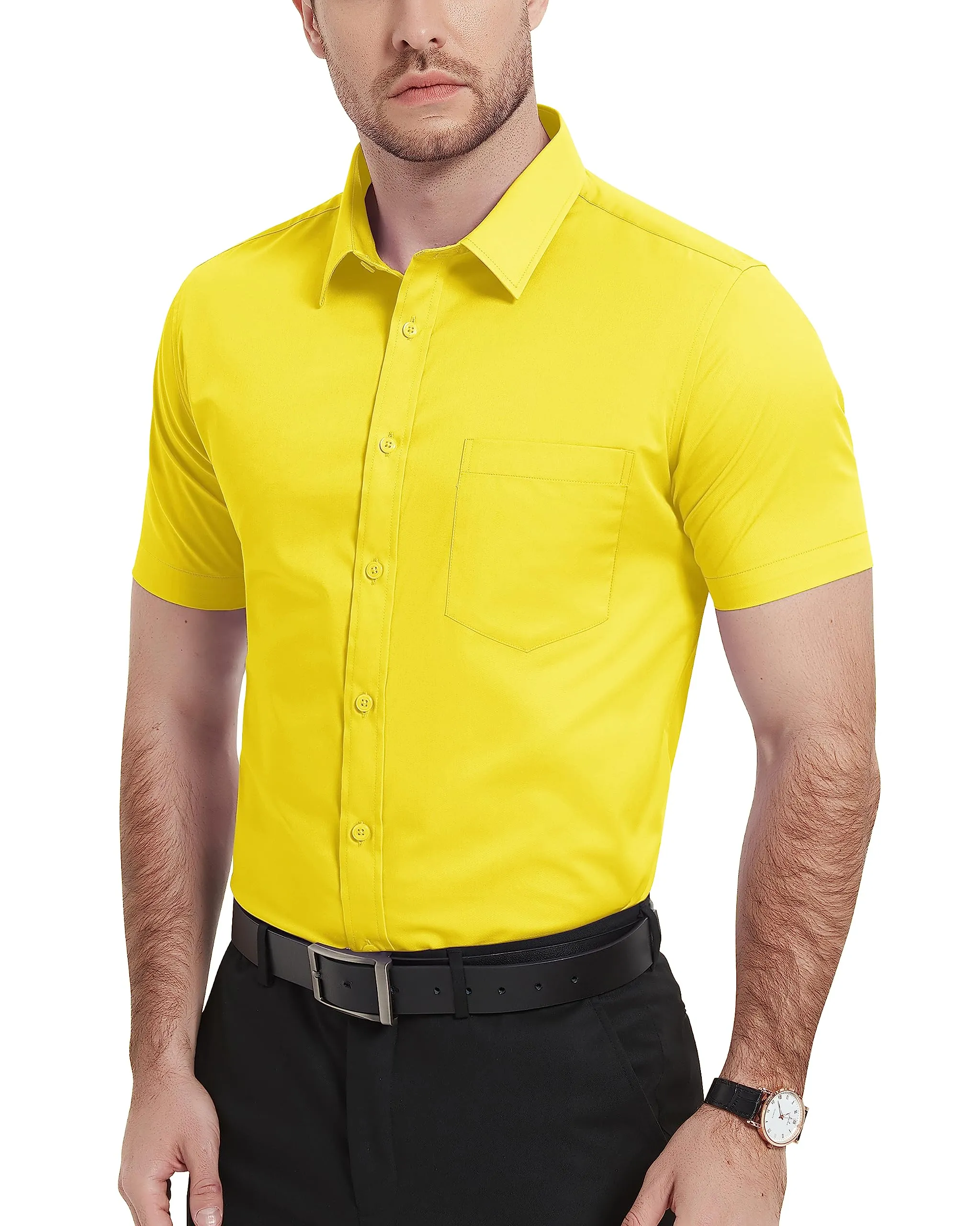 Mens Modern Stretch Breathable Short Sleeve Dress Shirts Mens Slim Fit Casual Business Button Down Formal Shirt