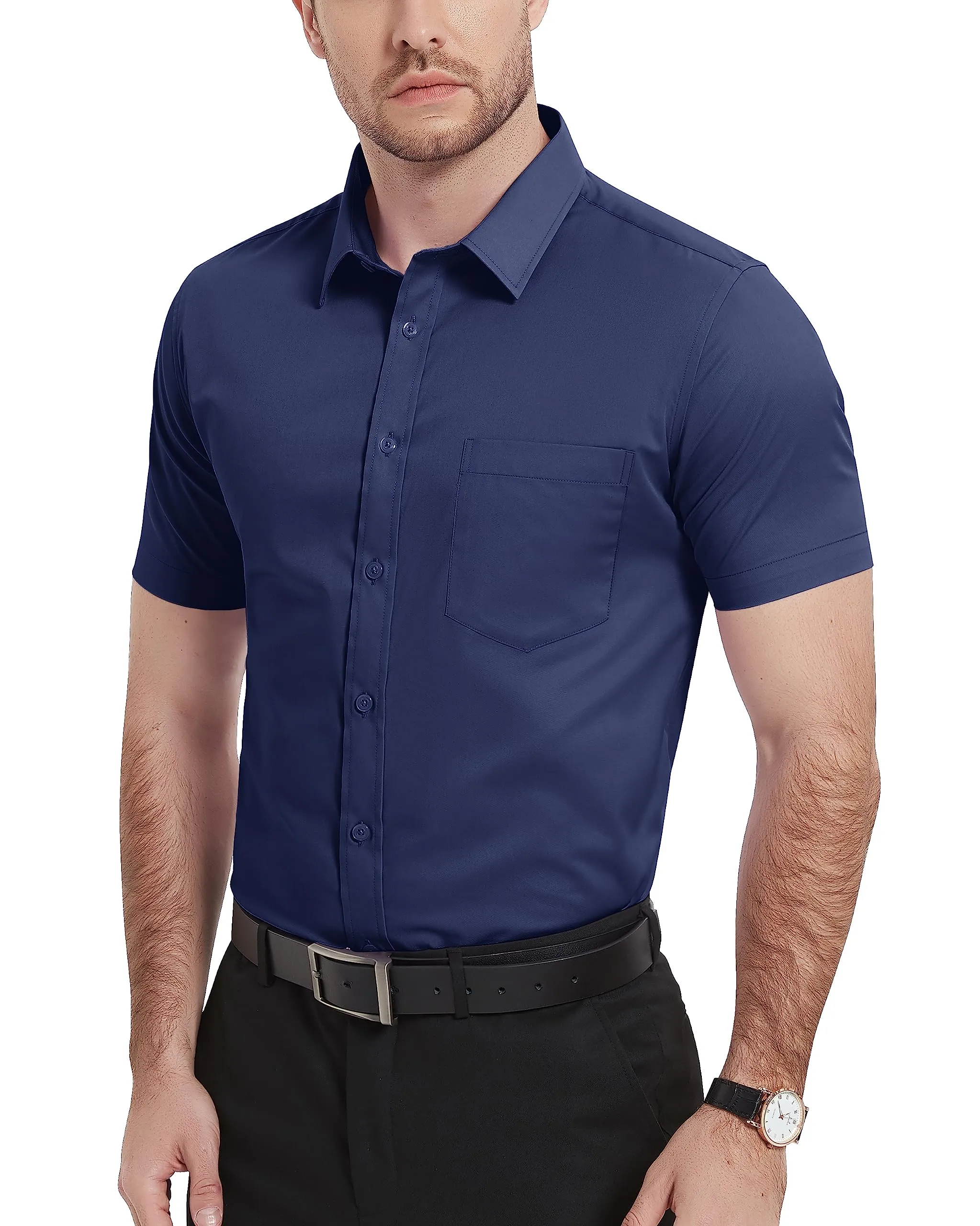 Mens Modern Stretch Breathable Short Sleeve Dress Shirts Mens Slim Fit Casual Business Button Down Formal Shirt