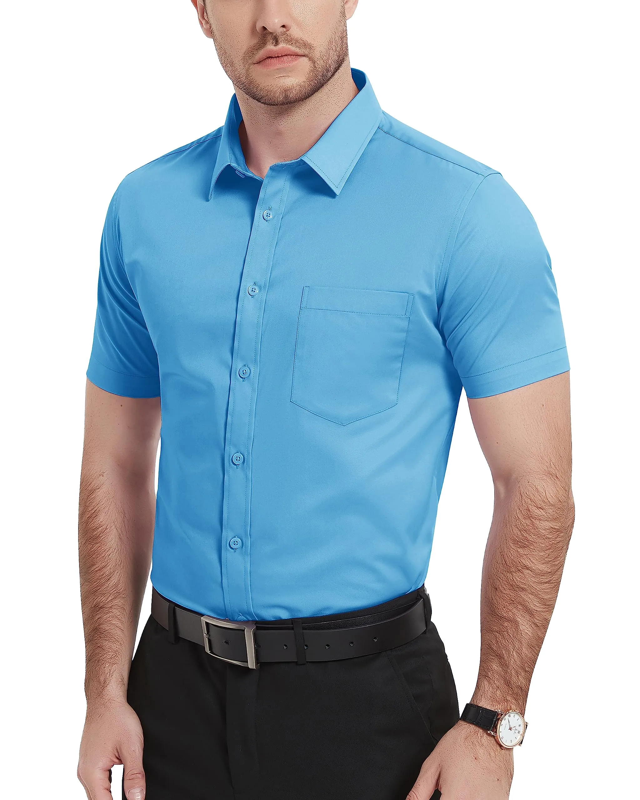Mens Modern Stretch Breathable Short Sleeve Dress Shirts Mens Slim Fit Casual Business Button Down Formal Shirt