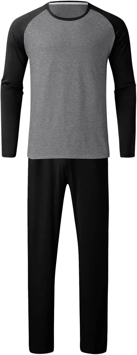 Men's Pajama Set Sleepwear Pjs, Color Block Lightweight Long Sleeve Crewneck Shirts and Bottoms, Soft Comfy Sleep Sets