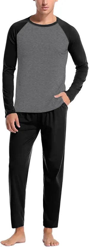 Men's Pajama Set Sleepwear Pjs, Color Block Lightweight Long Sleeve Crewneck Shirts and Bottoms, Soft Comfy Sleep Sets