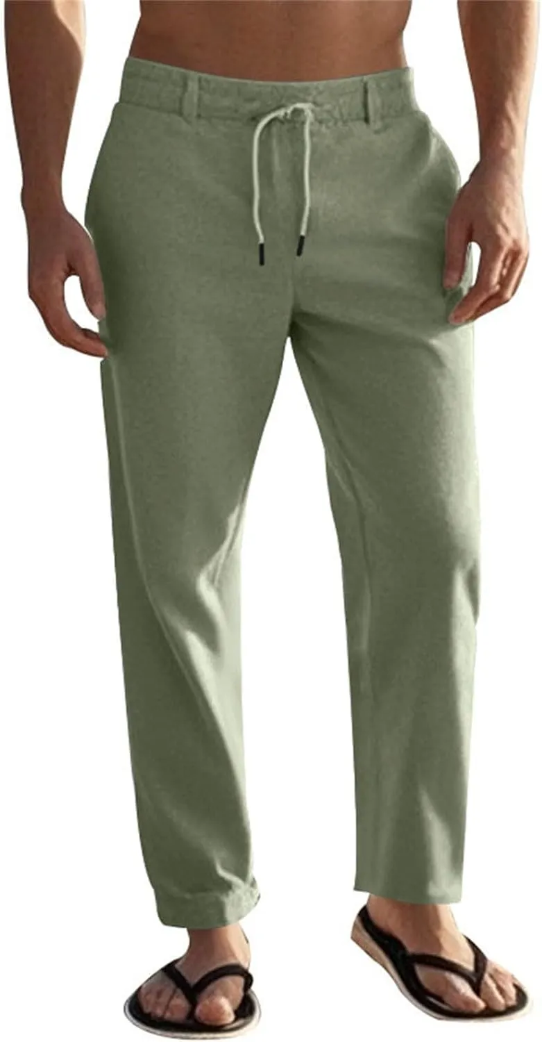 Mens Pants Casual Beach Linen Pants Drawstring Active Golf Pants Tapered Straight Leg Yoga Pants Dress Pants with Pocket