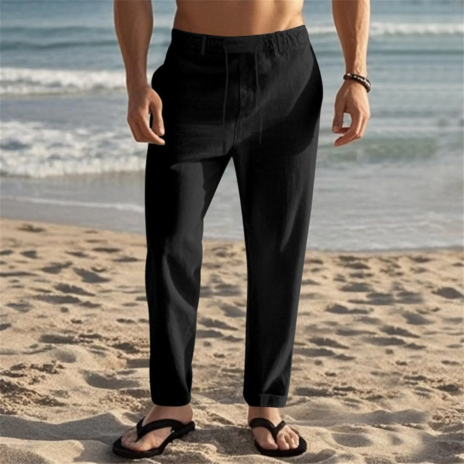 Mens Pants Casual Beach Linen Pants Drawstring Active Golf Pants Tapered Straight Leg Yoga Pants Dress Pants with Pocket