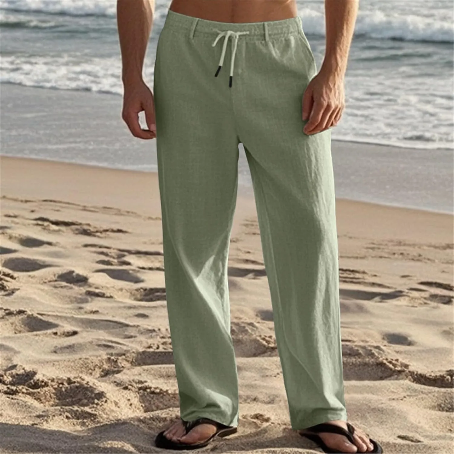 Mens Pants Casual Beach Linen Pants Drawstring Active Golf Pants Tapered Straight Leg Yoga Pants Dress Pants with Pocket
