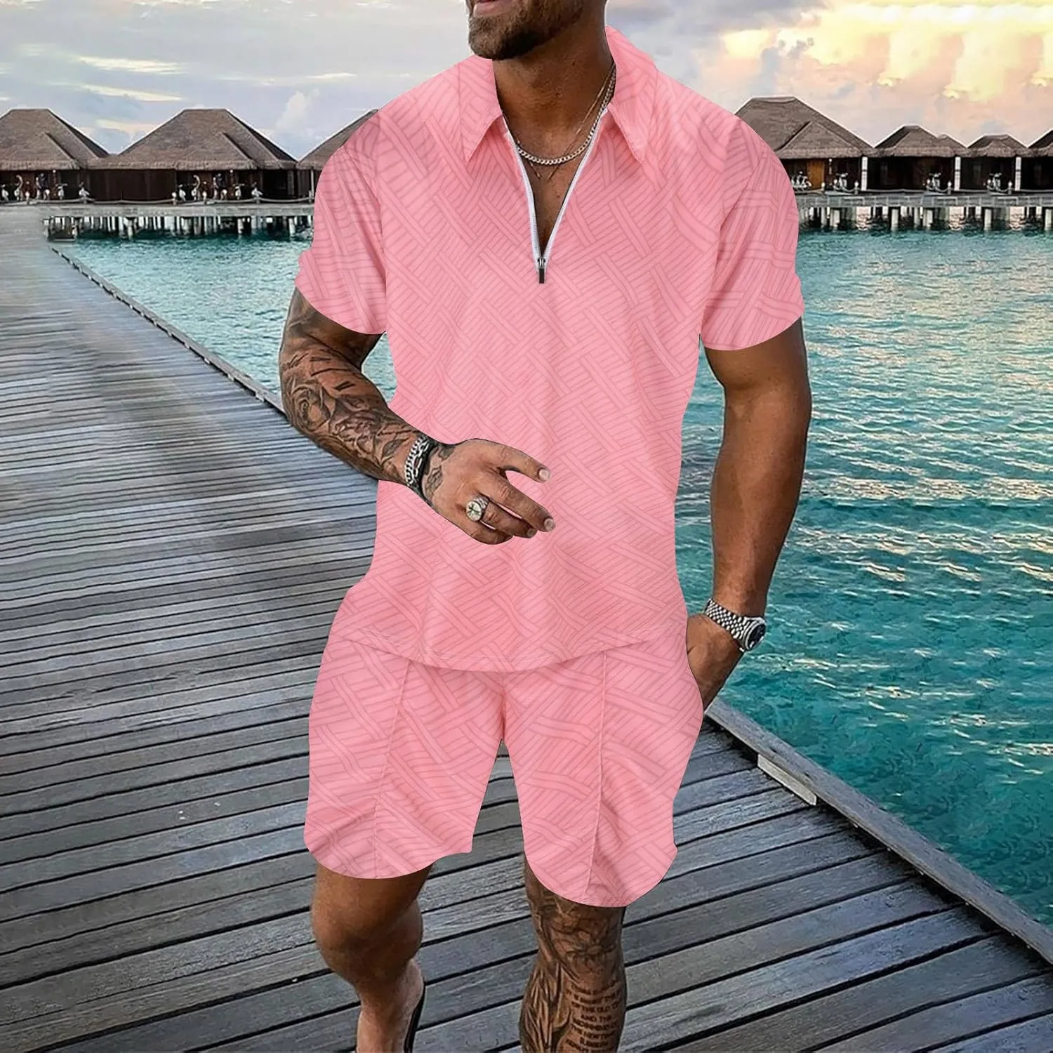 Men's Polo Shirt and Shorts Set Summer Beach Vacation Outfits Fashion Casual Short Sleeve Tracksuit 2 Piece Short Set