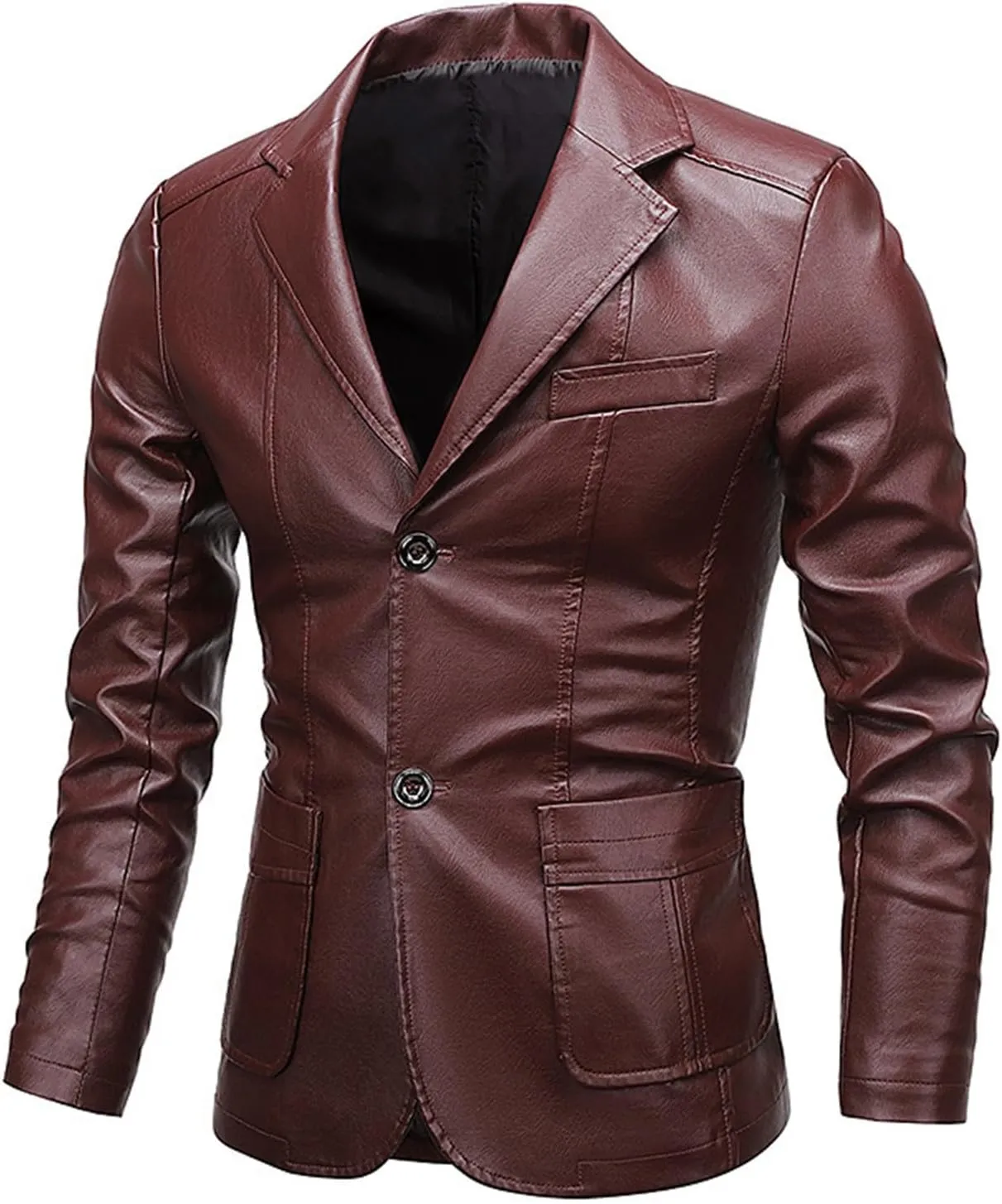 Mens PU Leather Blazer Lapel Collar 2 Buttons Moto Faux Lambskin Sport Coat Jacket Business Casual Dress Suit Coat