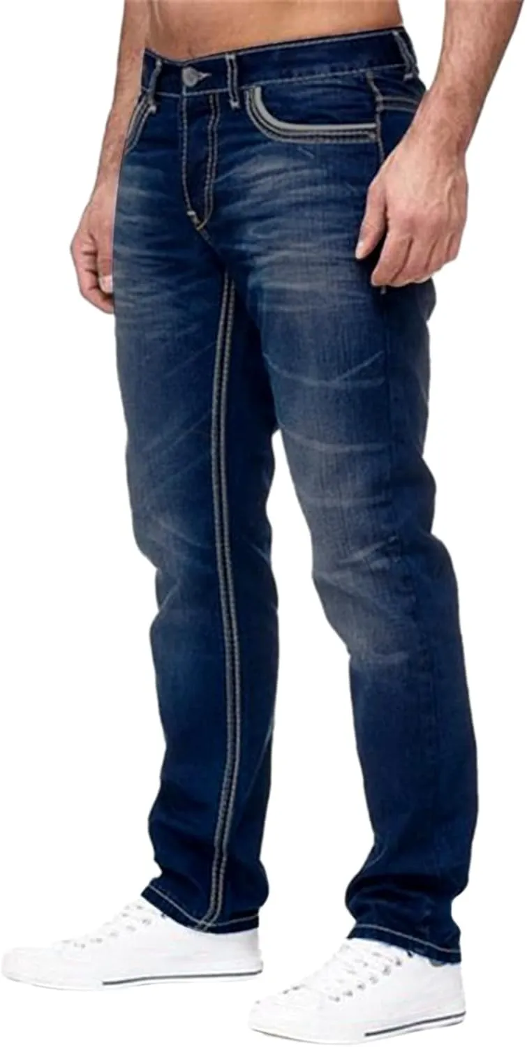 Mens Relaxed Fit Denim Jeans Distressed Stretch Straight Leg Denim Pants Washed Western Cowboys Casual Jean Jegggings